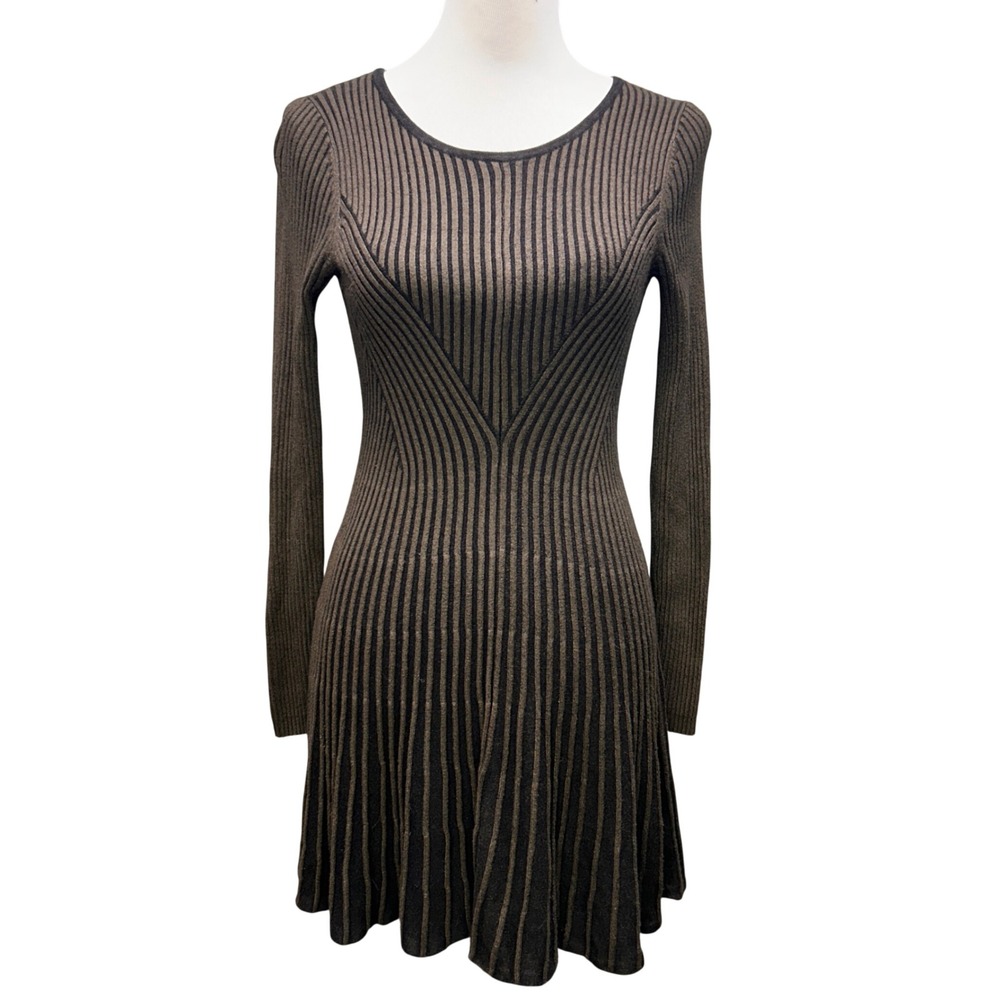 Express Fit Flare Sweater Dress Womens Small Olive Black Ribbed Long Slv Grunge